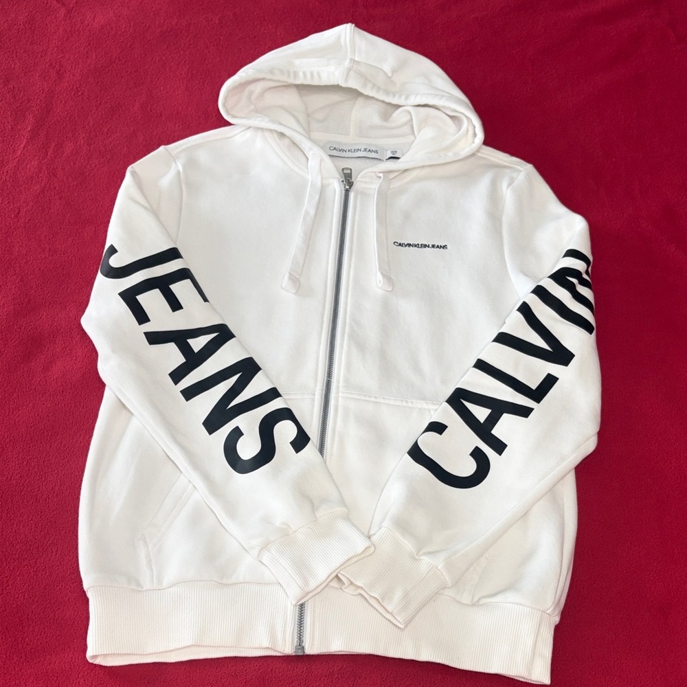 Calvin Klein Jeans White Zip-Up Hoodie with Black Sleeve Logo